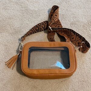 Clear Window Tan Crossbody Bag with Patterned Strap